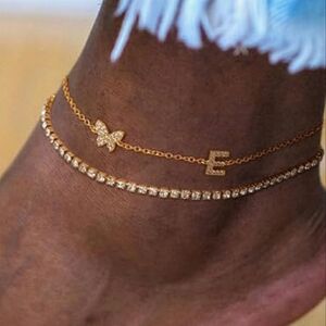 Kenivira 18K Gold Plated Layered Anklet w/E Initial and CZ Butterfly Charm 8-10"